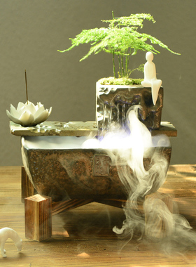 速发喷雾加湿流水摆件桌面水景环假循陶瓷盆山造景微景观禅意茶室