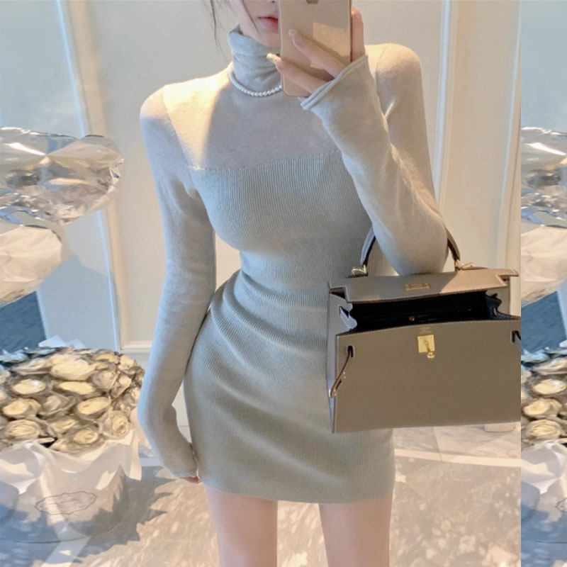 速发小个子半高领连臀裙显身材内搭小妈裙裙衣针织包打底短裙秋冬