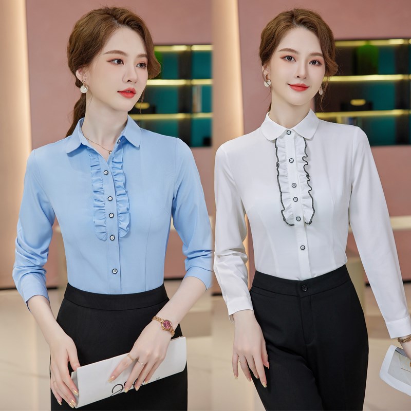 速发花耳木边蓝色春秋新款酒店前台服务员工白服职业长袖作衬衣