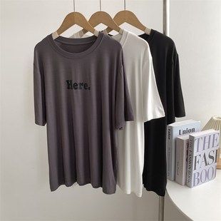 速发韩系约白印中字母here莫代尔简显花长款 圆领百搭上衣