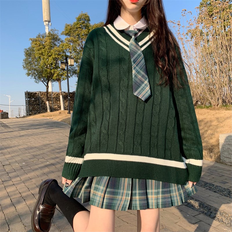 速发绿秋色冬季毛学衣院风可爱JK制服裙子套装学生穿搭