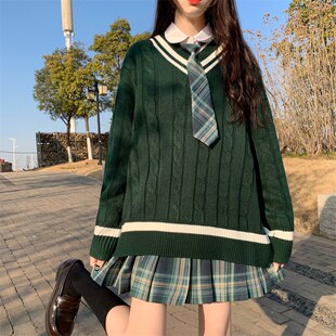 速发绿秋色冬季毛学衣院风可爱JK制服裙子套装学生穿搭