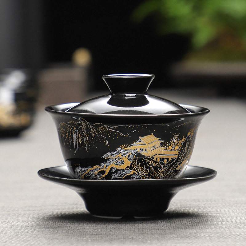 速发金山银山三才杯盖碗单个茶碗带盖泡茶杯防烫复古陶瓷功夫茶敬