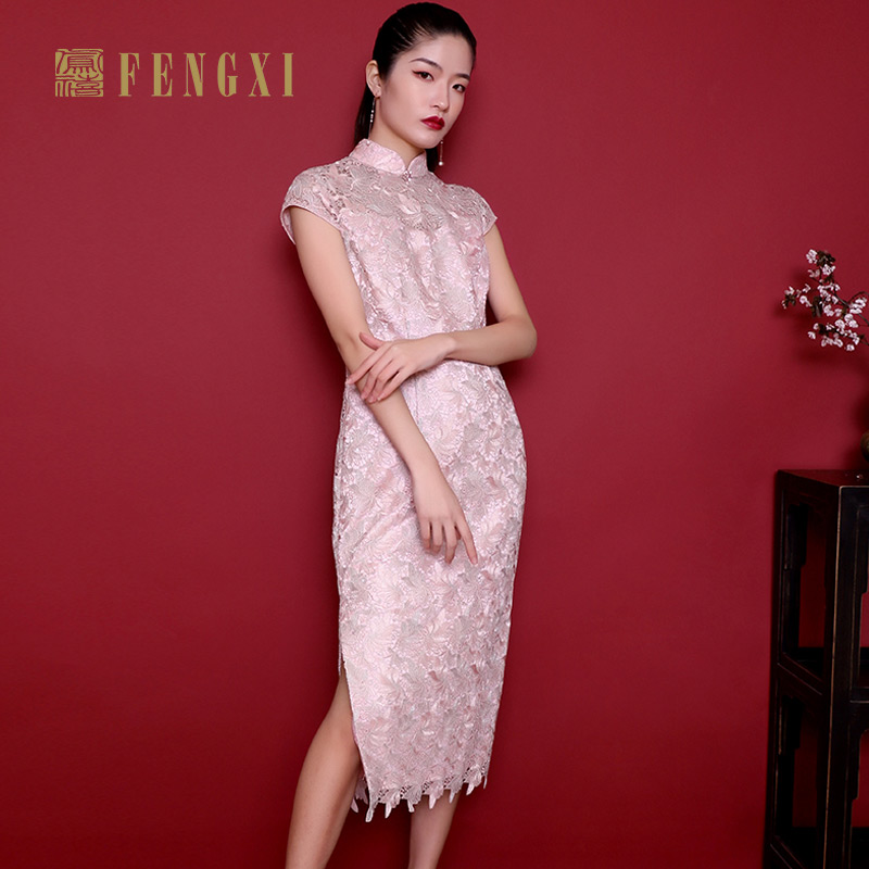 凤禧文艺风性感花色短袖婚宴礼服