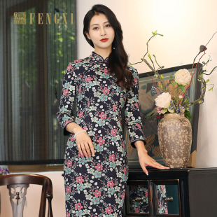 旗袍女 纯棉微弹针织布后开衩日常通勤修身 凤禧旗袍2023年新款 秋季