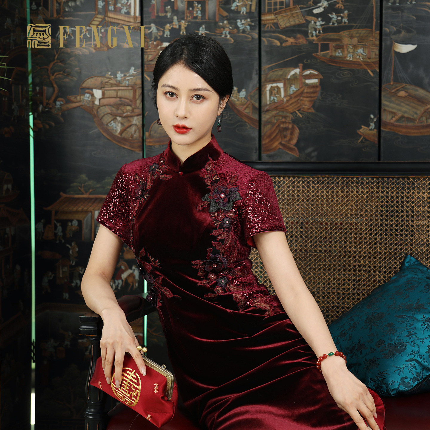 凤禧旗袍新款酒红色丝绒拼接气质高贵妈妈装婚宴礼服喜婆婆婚庆冬