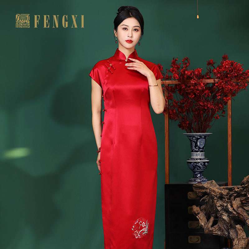 凤禧中式婚庆喜服前开襟醋缎旗袍