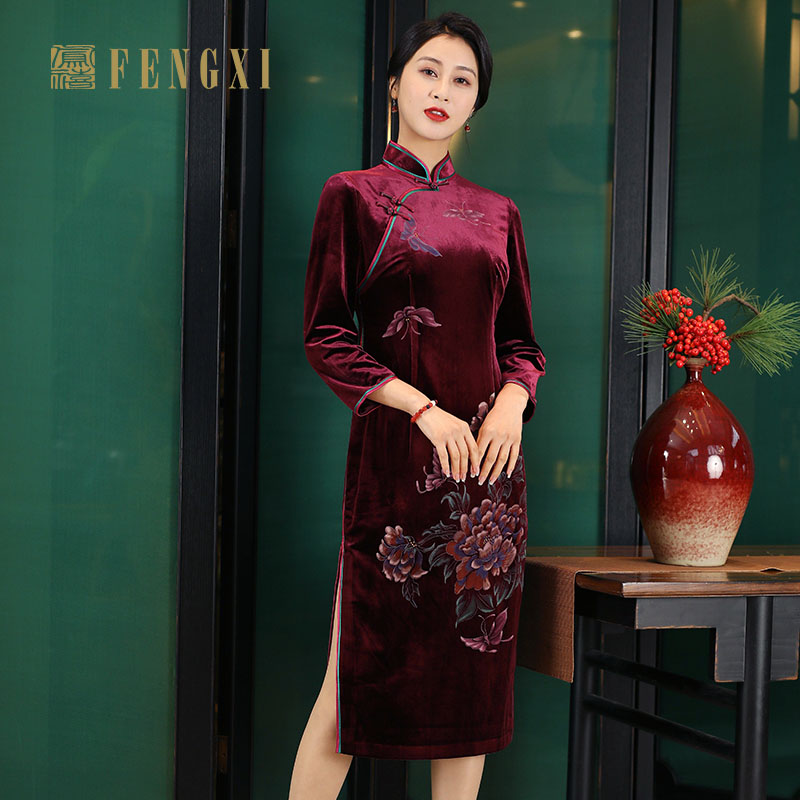 凤丝绒印花喜妈妈婚庆婚宴旗袍