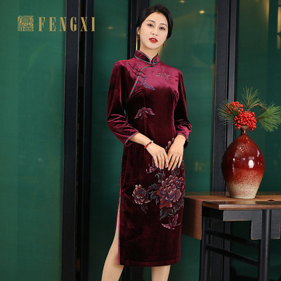 凤丝绒印花喜妈妈婚庆婚宴旗袍