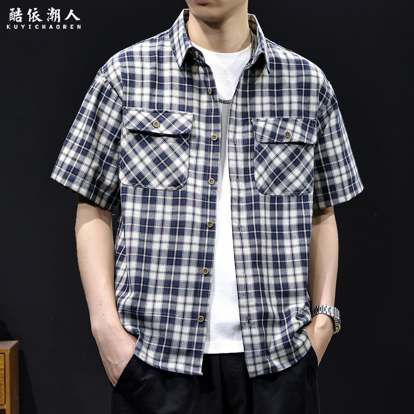 复古格纹衬衫男士短袖2026新款夏季宽松大码工装慵懒休闲衬衣外套