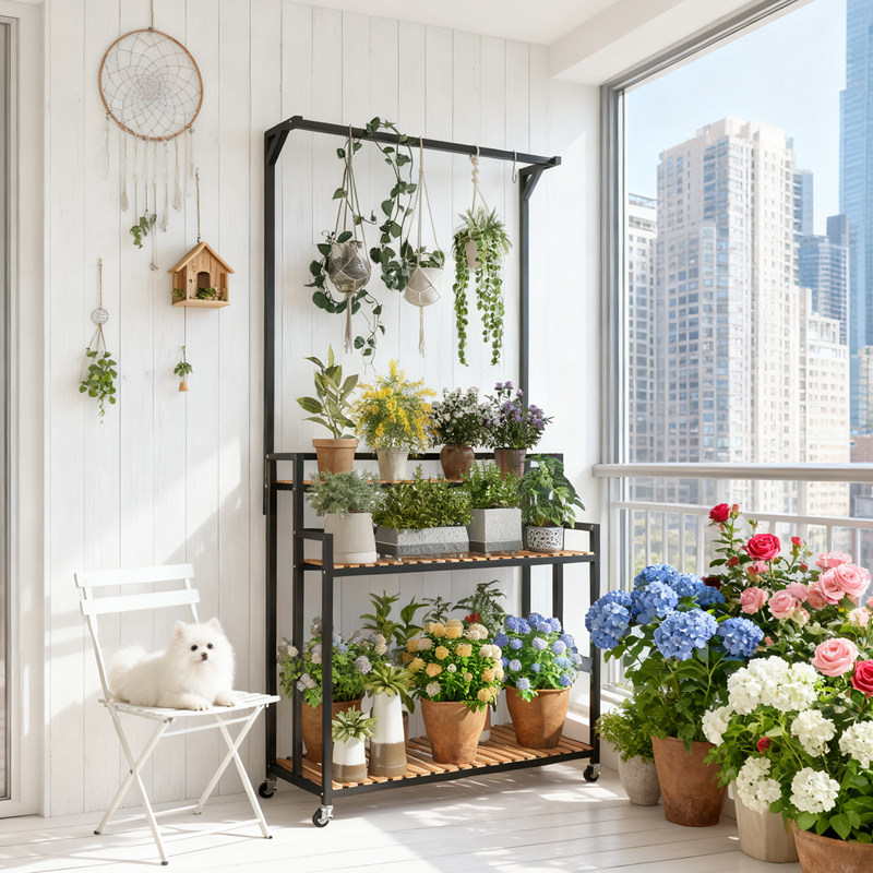 带轮可移动阳台花架子客厅落地式铁艺多层实木置物架多肉花盆托架