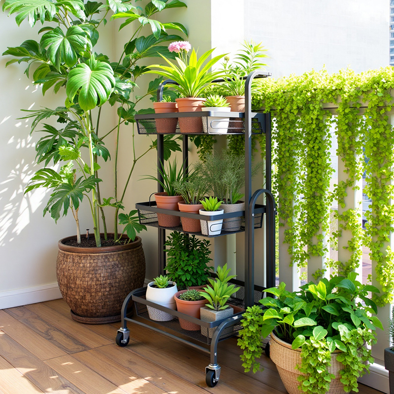 2025新款可移动铁艺花架子阳台客厅多层靠墙小推车植物置物摆放架
