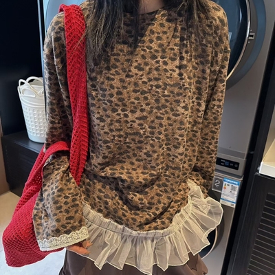 复古豹纹蕾丝花边拼接软糯t恤