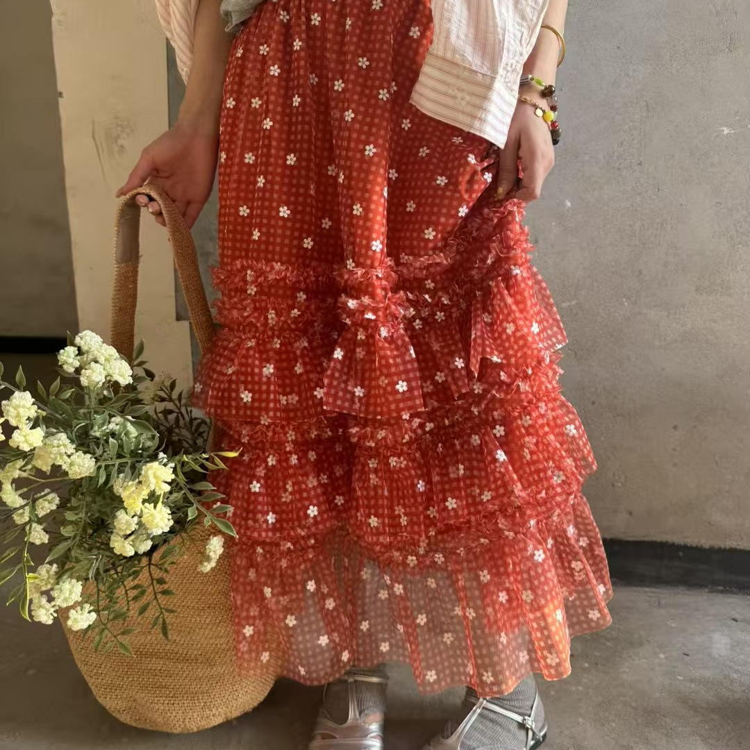 韩系重工网纱小花格纹半身裙