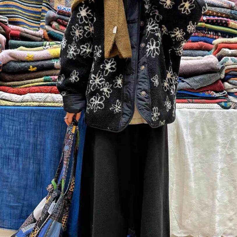 两面穿复古花色单排扣棉服