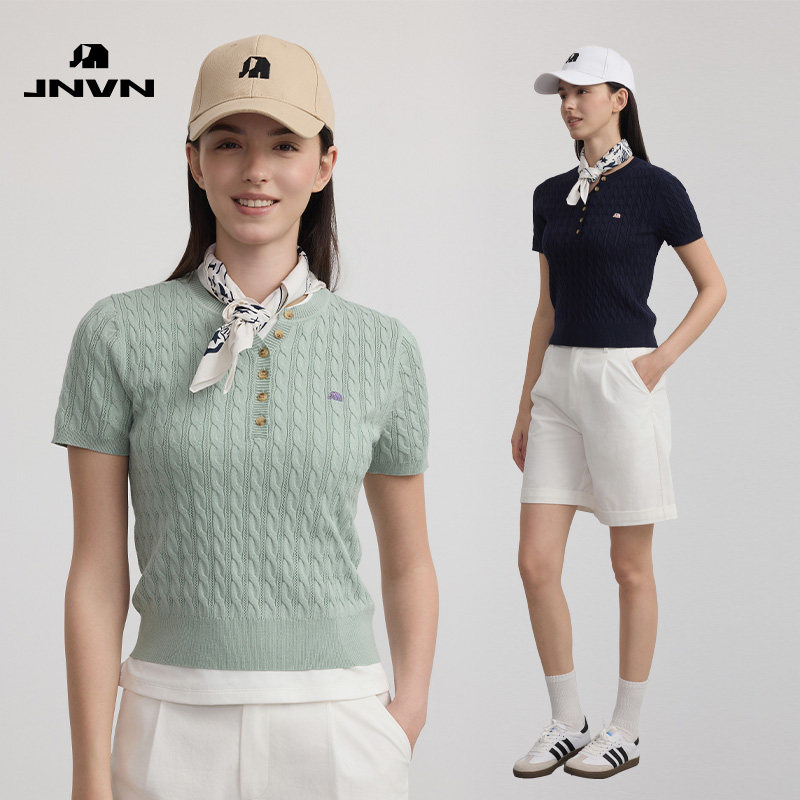 【商场同款】JNVN 2026夏季新款小V领针织衫短袖女装上衣T恤