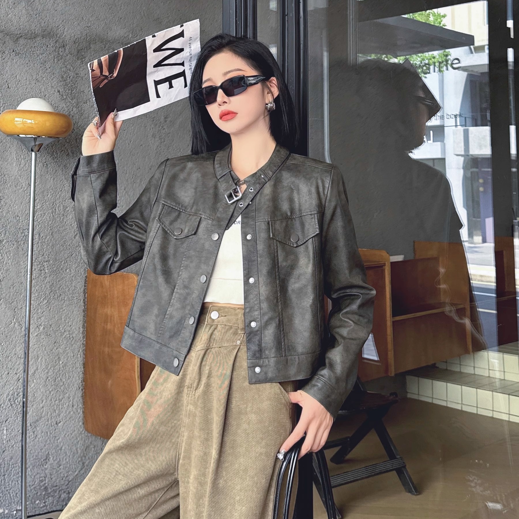 复古百搭PU皮衣短款2024秋季新款修身显瘦机车服夹克上衣皮外套女
