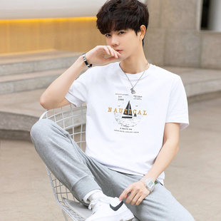 100%纯棉短袖T恤男装 夏季新款帆船印花青少年学生潮流半袖上衣服