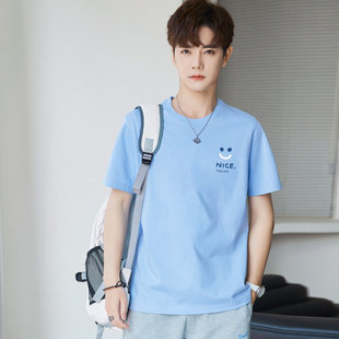 100%纯棉浅蓝色T恤男士短袖 2026夏季新款笑脸印花潮流半袖上衣服