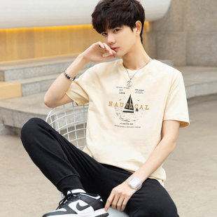 100%纯棉短袖T恤男装 夏季新款帆船印花青少年学生潮流半袖上衣服