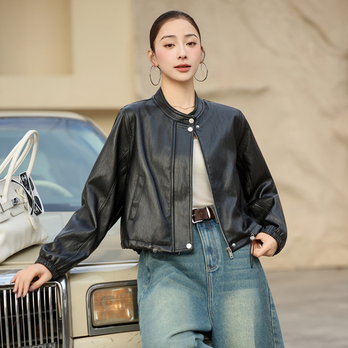黑色皮衣外套女短款2026新款春装宽松显瘦蛋白皮夹克小个子机车服