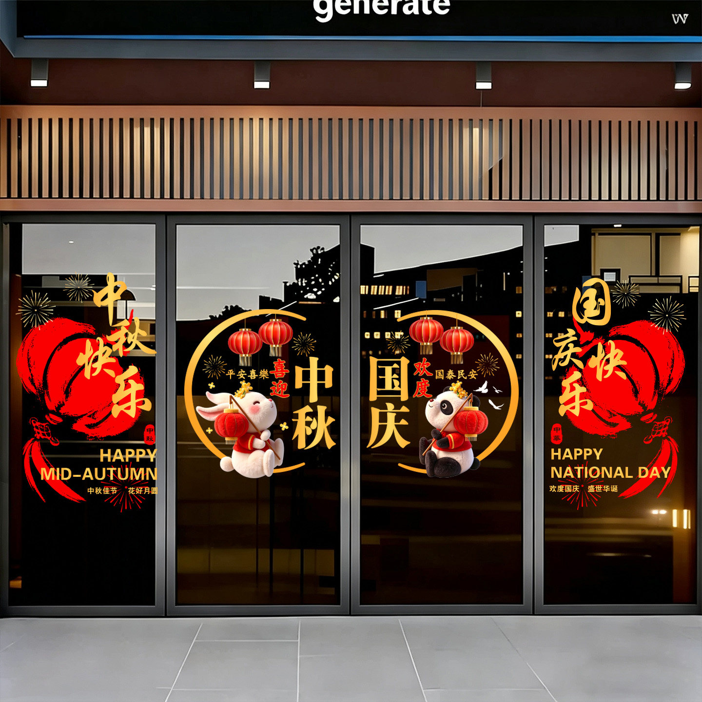 中秋国庆节玻璃门静电贴纸公司物业4S店橱窗银行装饰氛围场景窗花