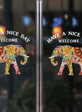 招财吸水象门贴大象主题贴彩绘创意酒店餐厅旋转门双面静电玻璃贴