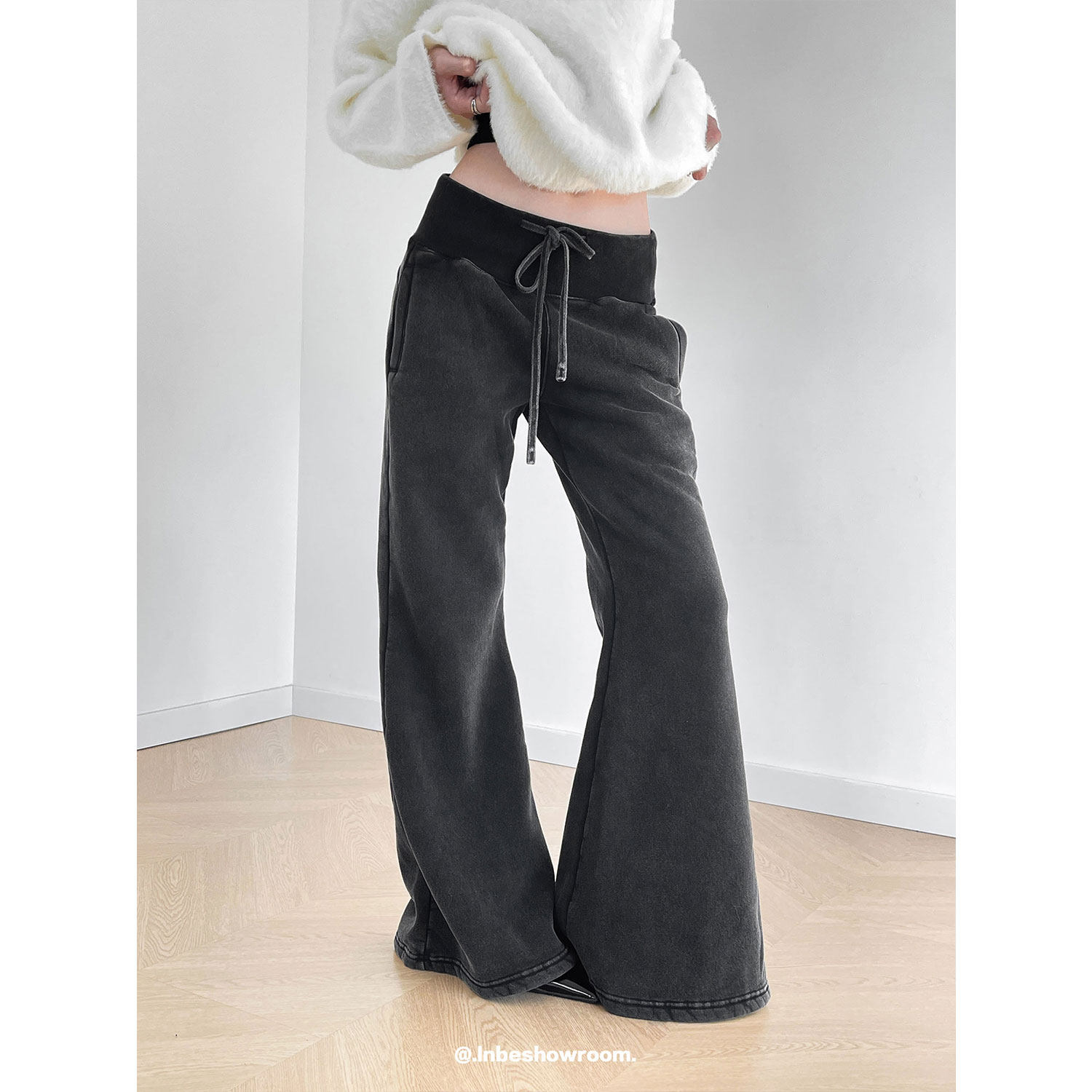 Inbeshowroom美式做旧微喇叭高腰加绒卫裤女秋冬保暖抽绳休闲裤子,女装/女士精品,卫裤,淘宝优惠券,粉丝福利购,淘宝优惠卷