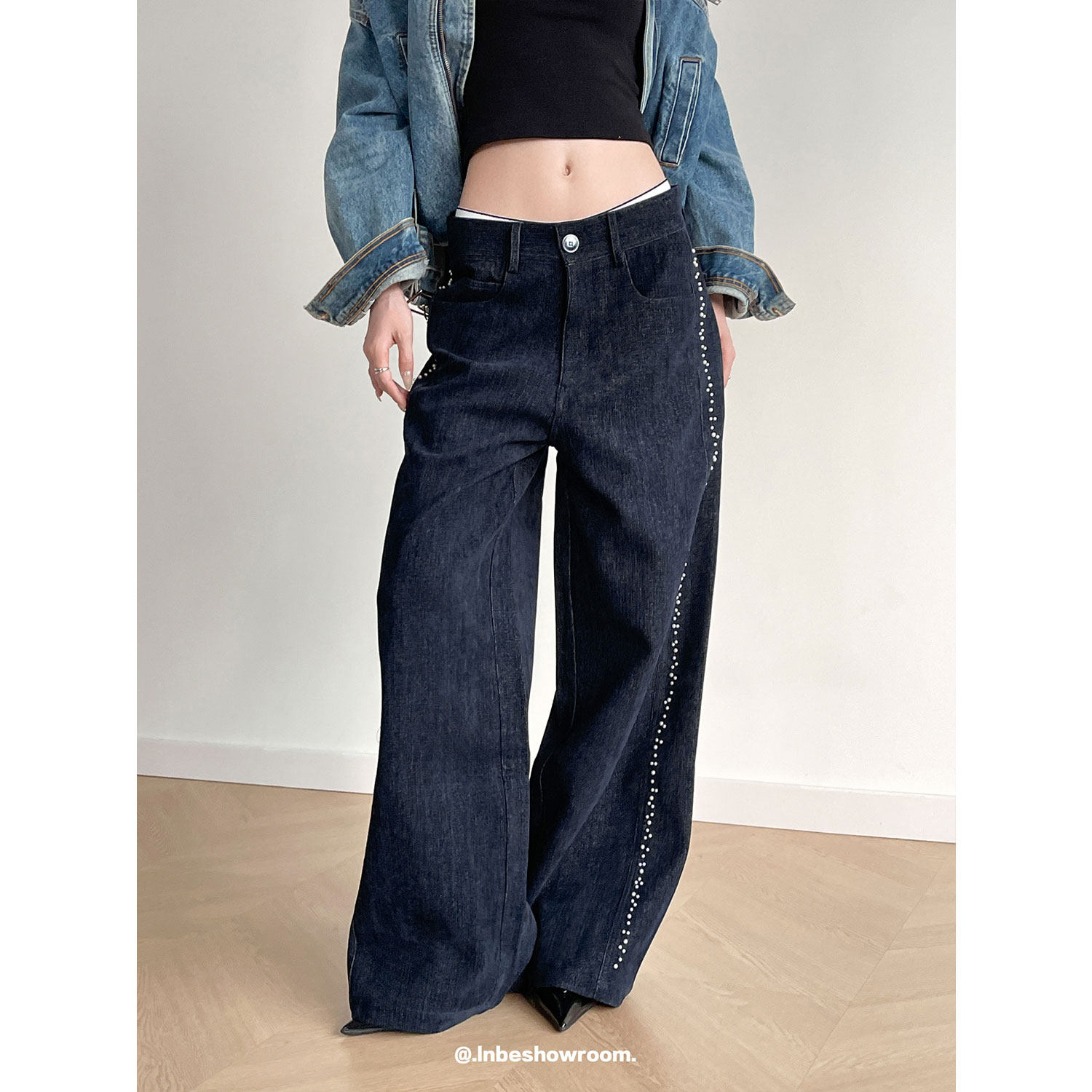 复古cleanfit珍珠设计绒面长裤女