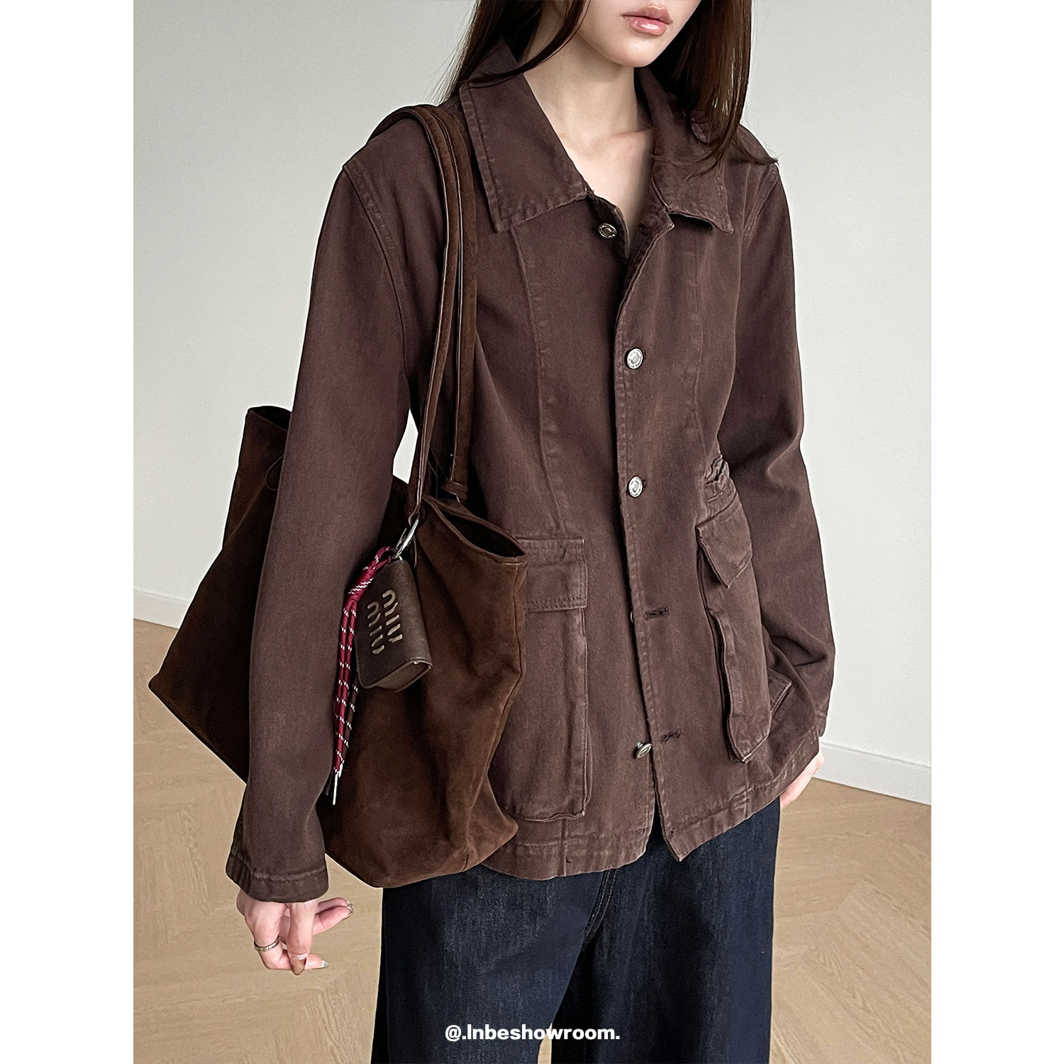 美式复古水洗棕色牛仔夹克外套