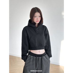 Inbeshowroom美式百搭运动收腰短款连帽卫衣女小版型宽松显瘦上衣