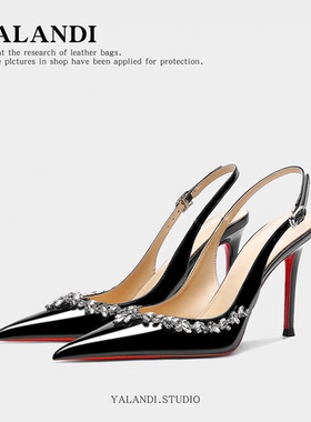 黑色漆皮2026年新款夏季气质高跟鞋法式细跟尖头一字扣包头凉鞋女