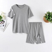 短裤 夏季 开衫 病号服纯棉T恤上衣易穿脱骨折全开术后康复服装 短袖