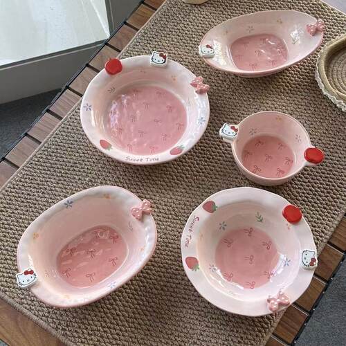 粉色系蝴蝶结kitty陶瓷餐具 高温釉下彩盘子碗餐具套装高颜值家用