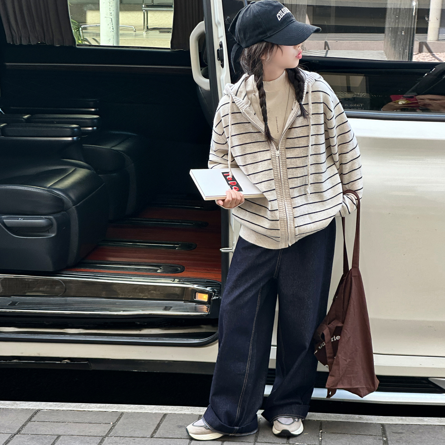 韩系连帽针织开衫牛仔裤春秋套装