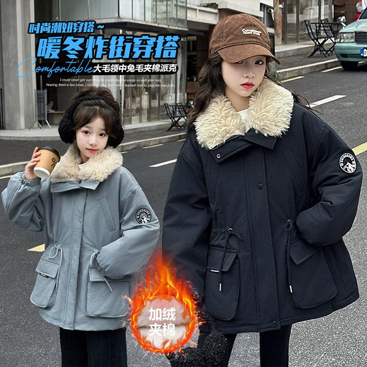 女童收腰棉服冬装洋气儿童韩版棉衣外套冬季加绒加厚大毛领派克服