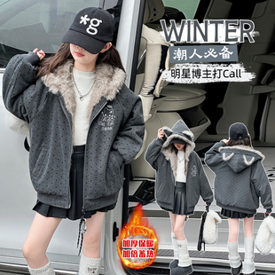 女童加绒连帽外套冬季中大童一体绒加厚保暖韩系冬装波点开衫卫衣