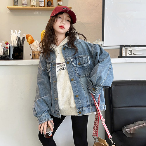 休闲春秋款女童时尚毛须牛仔外套