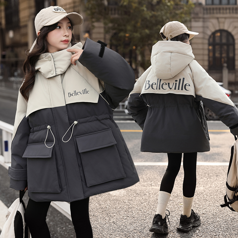 女童冬装韩版加厚拼色派克服棉衣