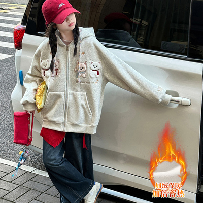 女童秋冬款加绒加厚连帽外套