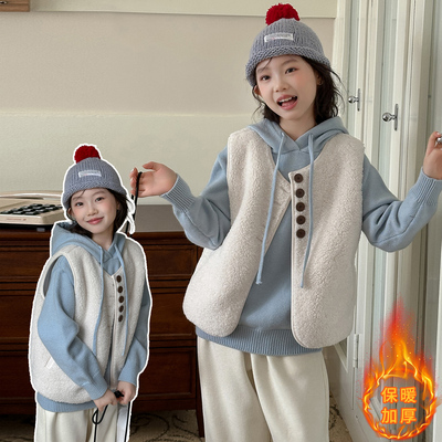 女童秋冬加厚毛毛衣马甲三件套