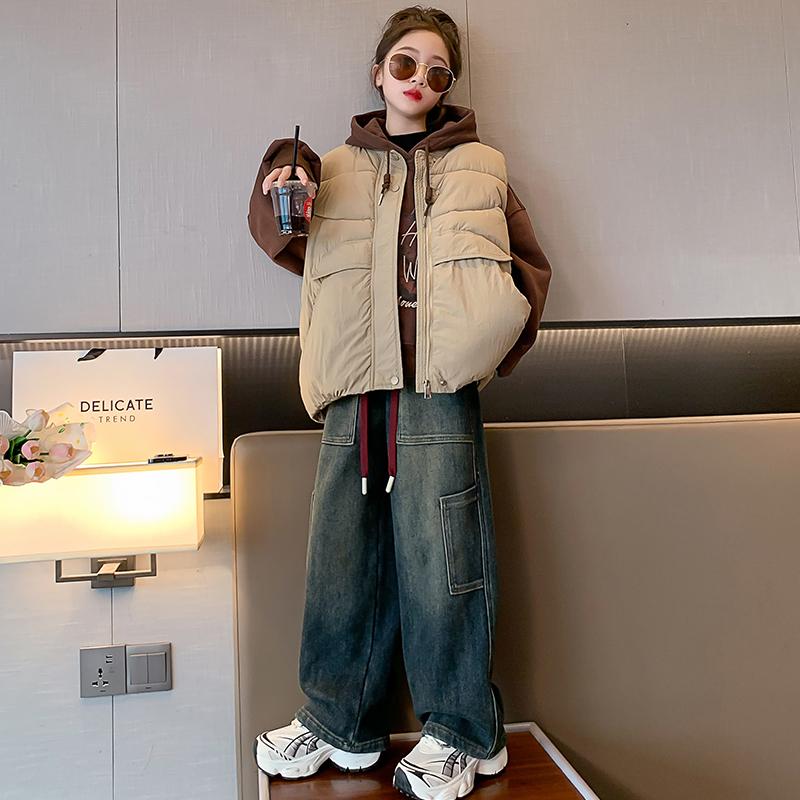 女童冬装加厚羽绒棉马甲女大童洋气加绒连帽卫衣牛仔阔腿裤三件套