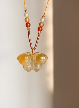 翩然若梦 原创天然冰彩玉髓蝴蝶吊坠项链 国风项链女士挂坠