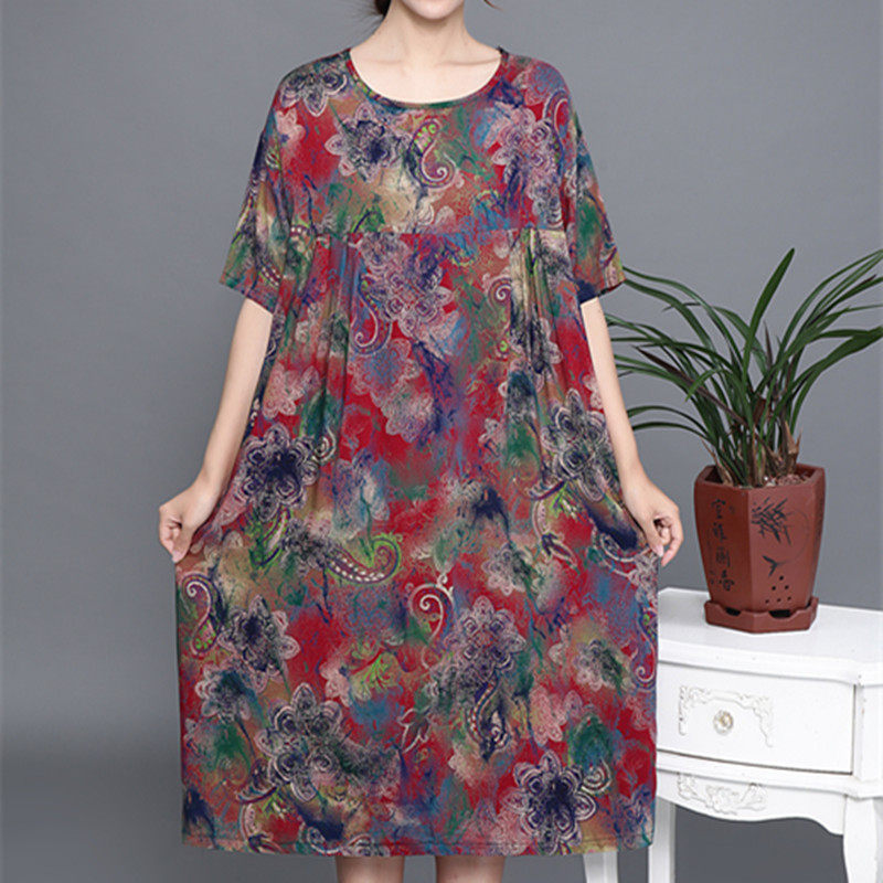 夏季加肥加大码女装中老年奶奶连衣裙胖妈妈宽松棉绸200斤女裙子