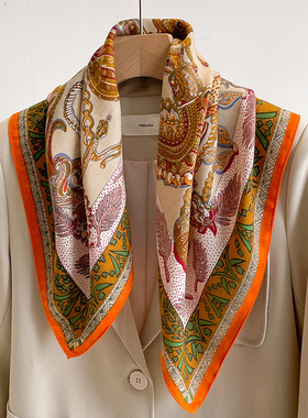 韩系ins高级橙色70小方巾女士春秋系脖洋气装饰薄款丝巾头巾领巾