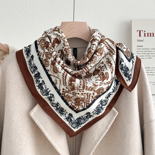 国风马车70仿真丝棉麻小方巾女复古百搭系脖子小丝巾围巾薄款领巾