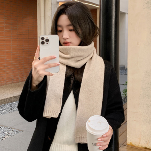 韩国纯羊毛围巾秋冬季男女情侣纯色针织毛线加厚保暖红色长款围脖