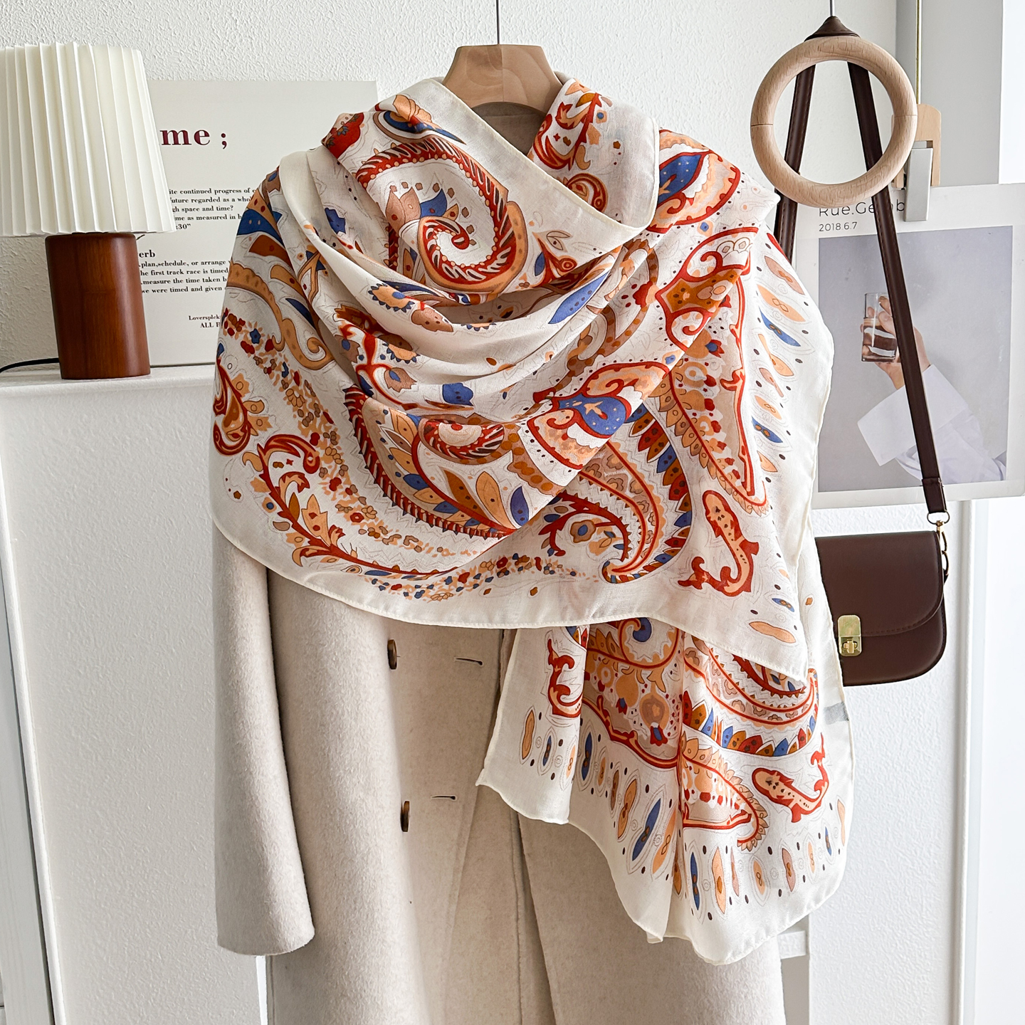 民族风彩色腰果花棉麻丝巾女秋冬季保暖装饰围巾披肩两用薄款围脖