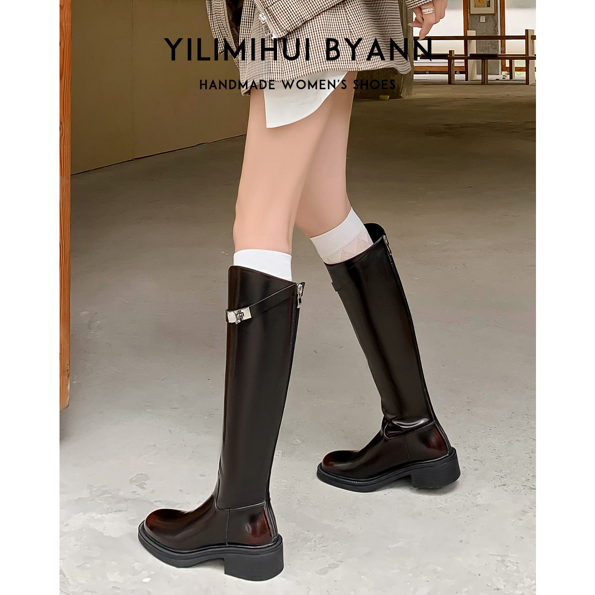 一力米灰 不挑腿型~！美拉德锁扣斜口骑士靴2025冬季新款真皮长靴,女鞋,骑士靴,淘宝优惠券,粉丝福利购,淘宝优惠卷