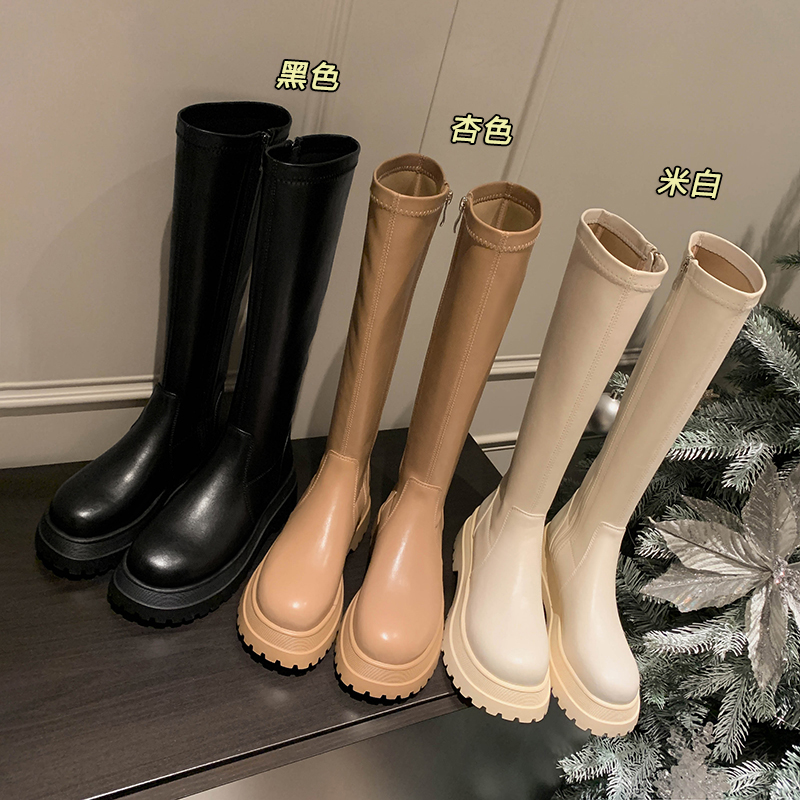 一力米灰韩版骑士靴厚底